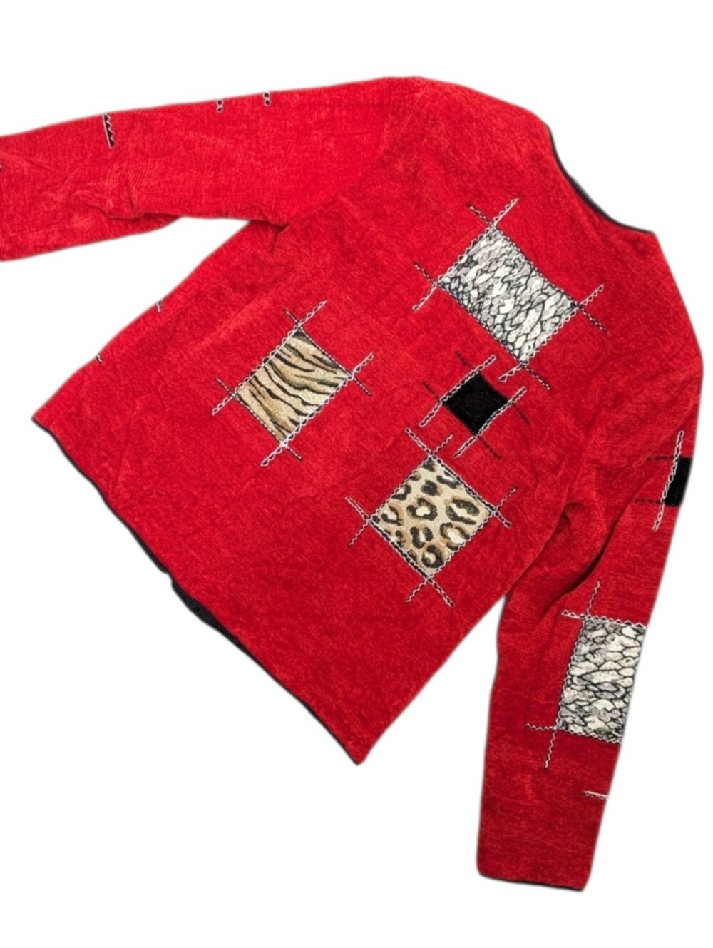 ALEX KIM ALLURE Vintage Red Art To Wear Animal Patchwork Button Loop Jacket LG - Picture 9 of 13
